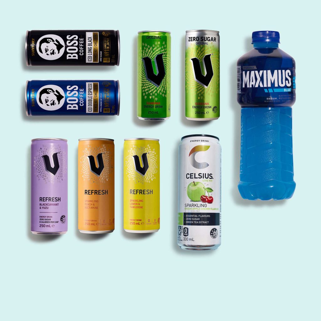 Flat lay of non-alcohol brands including BOSS coffee, V energy, Celsius and Maximus